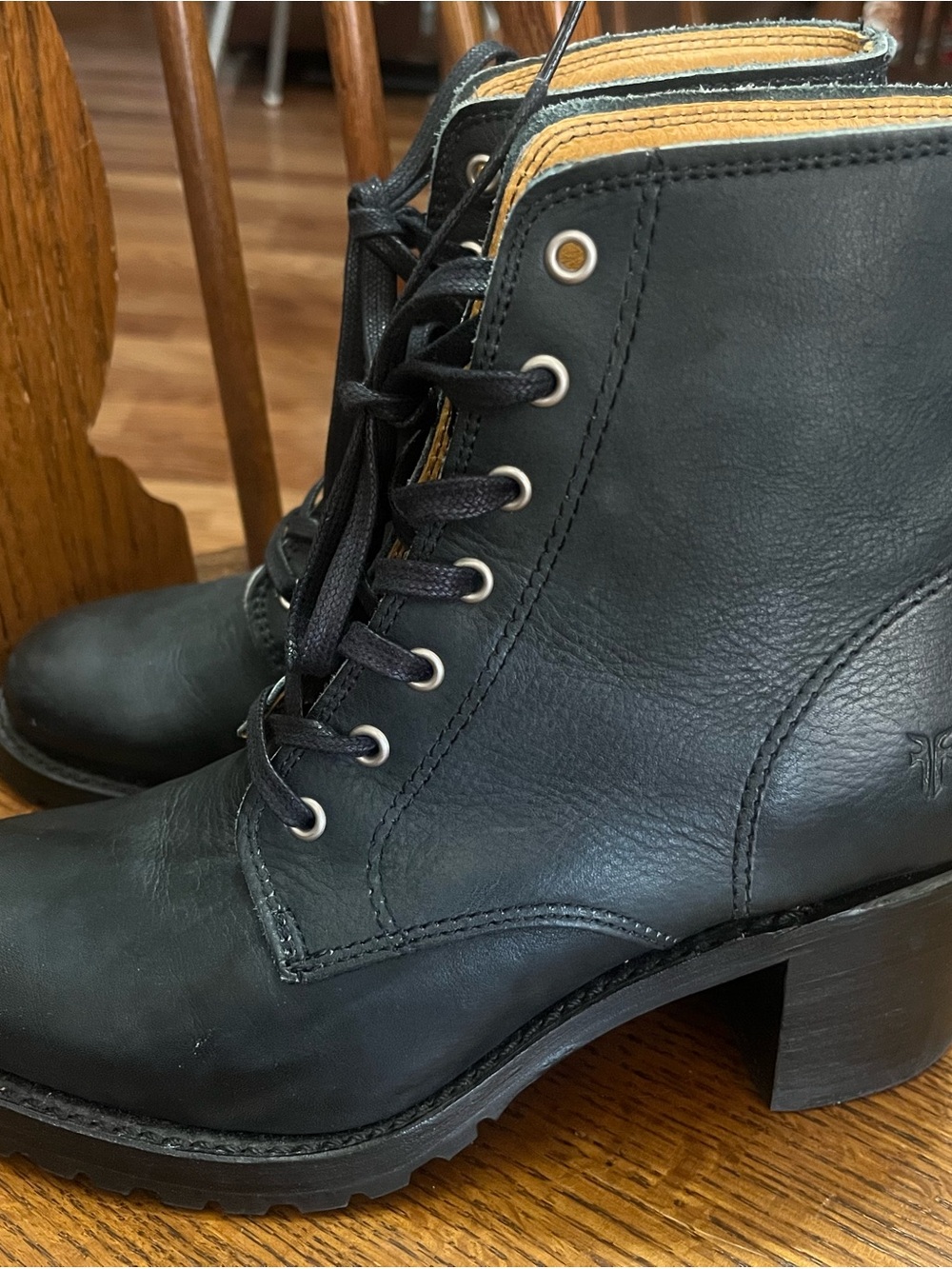 Frye Black Leather Lace-Up Ankle Boots with Tan Interior